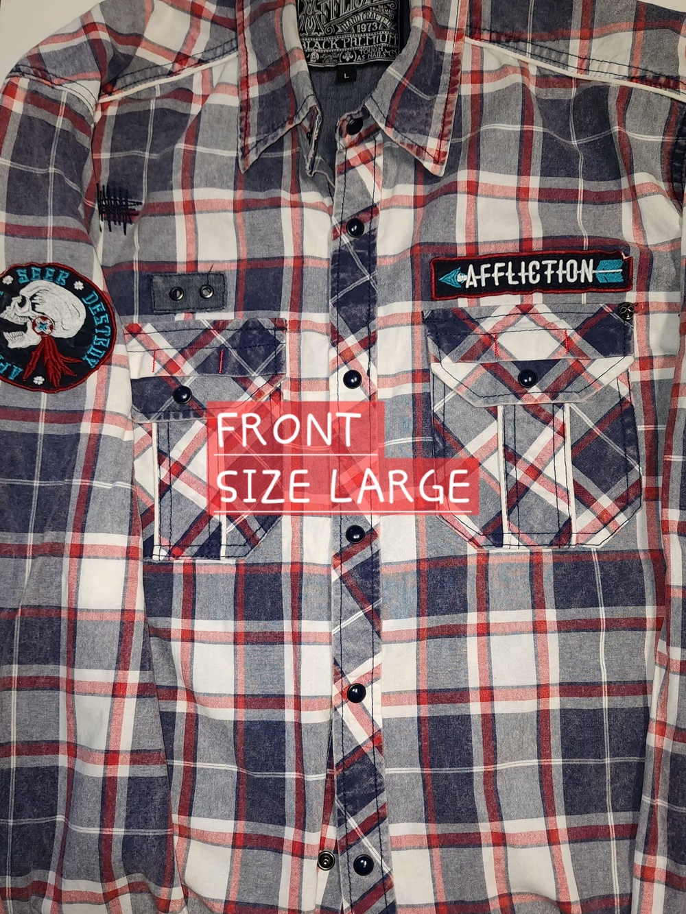 Affliction Men's Red, Navy & White Plaid Button-Down Shirt with Patches